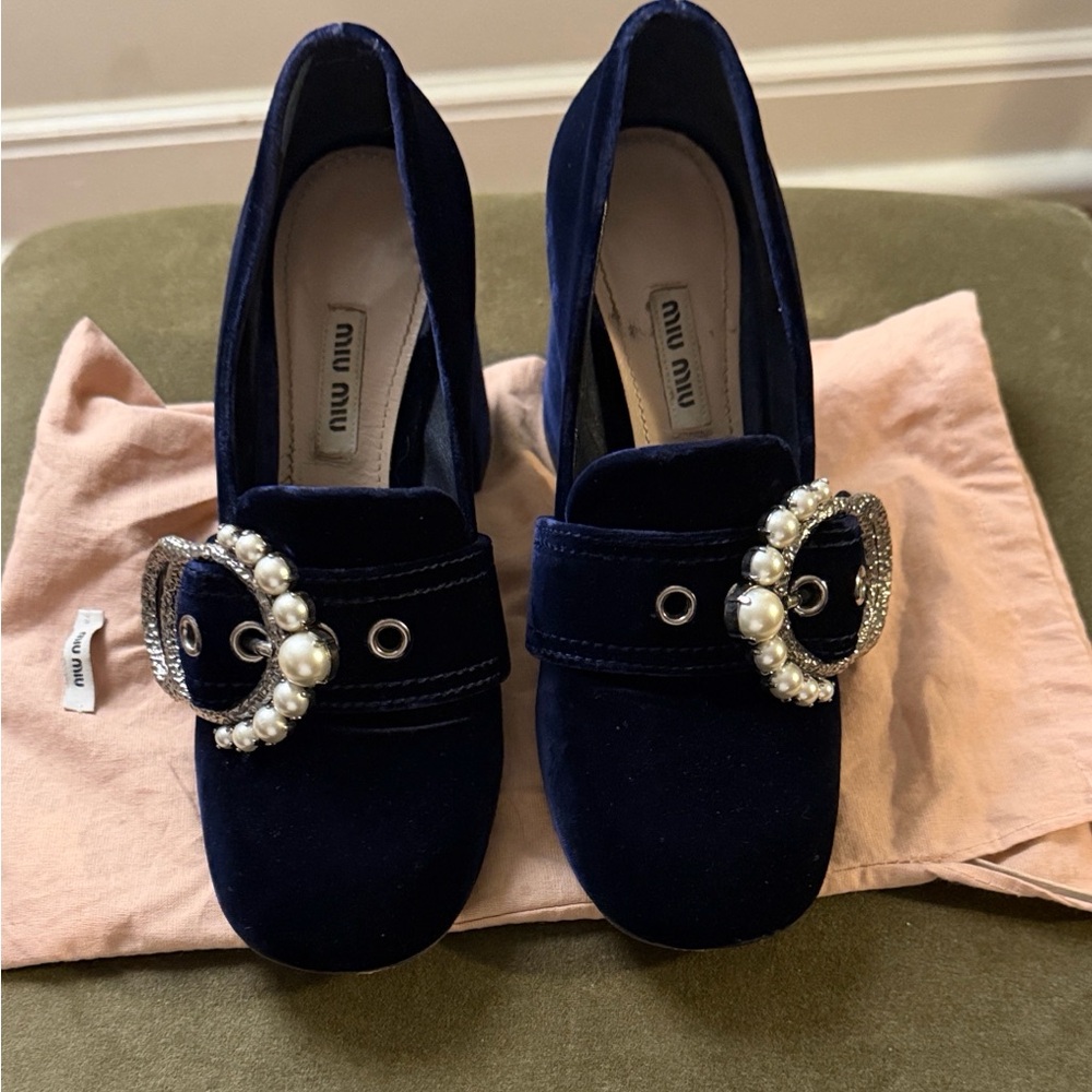 Miu Miu Dark Blue Velvet Loafers with Pearl Detail